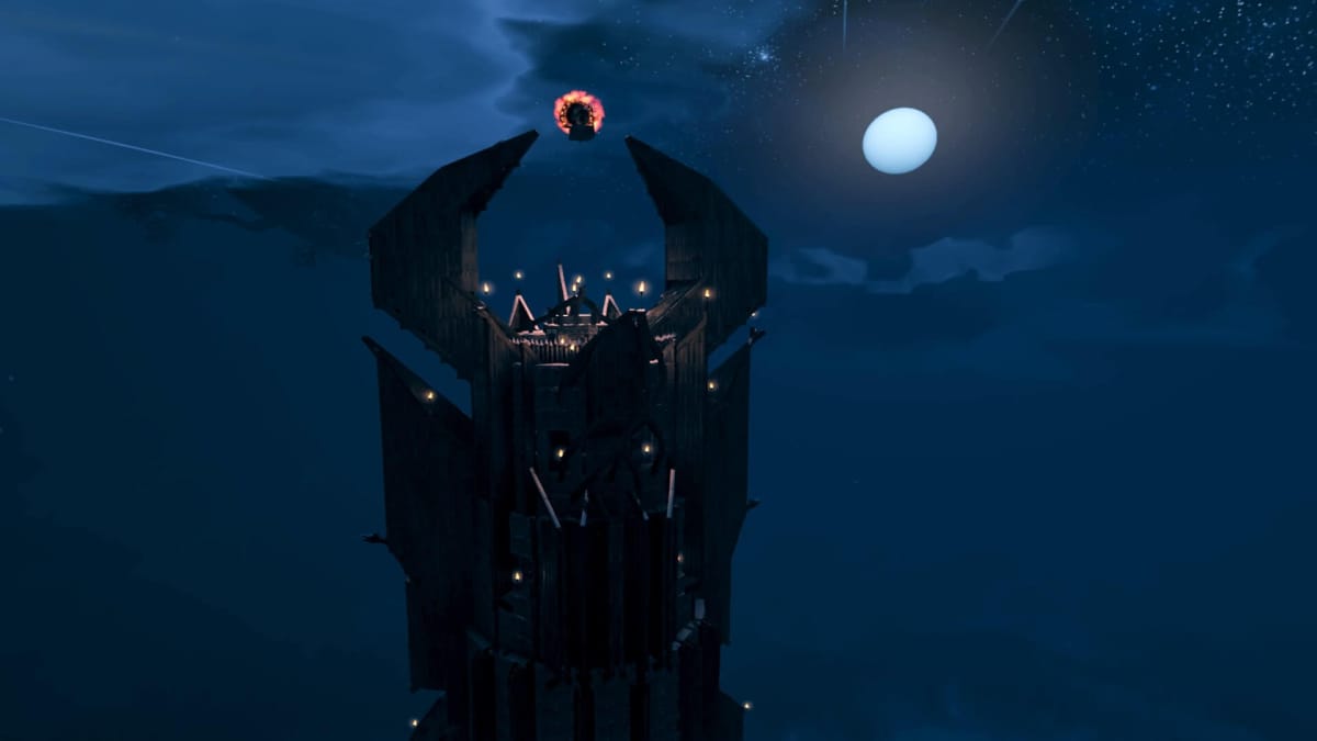A shot of Sauron's eye on Barad-dûr, the Dark Tower, as recreated in Valheim.