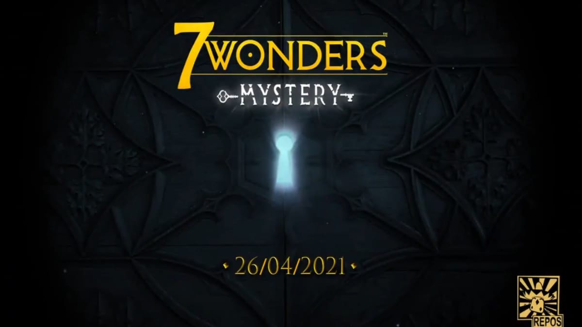 The title of 7 Wonders Mystery, a glowing keyhole is in the middle