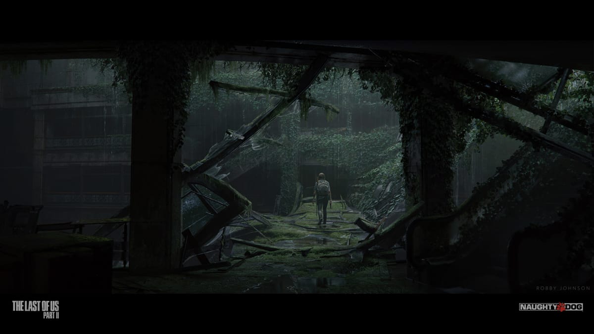 The Last of Us Part 2 artwork showing Ellie in the midst of dilapidated scenery