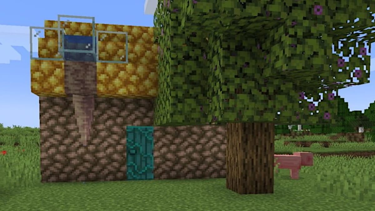 A house, a tree, and a pig in Minecraft: Java Edition