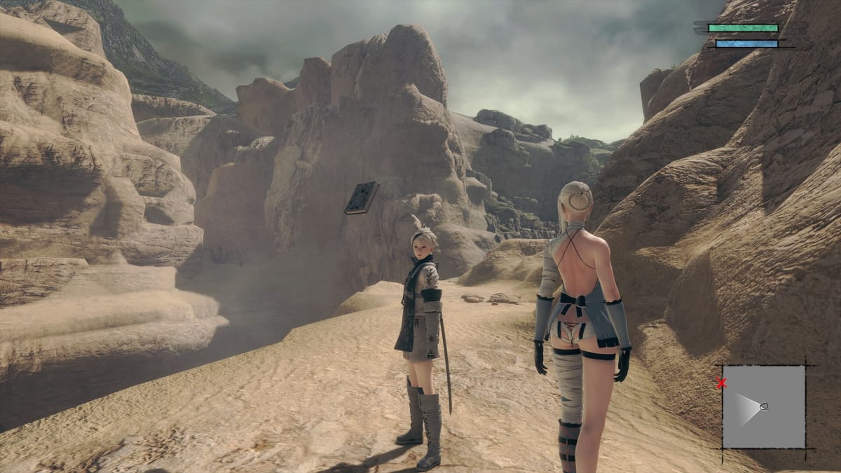 Gameplay screenshot with the protagonist, Emil, and Kaine in frame in a desert biome