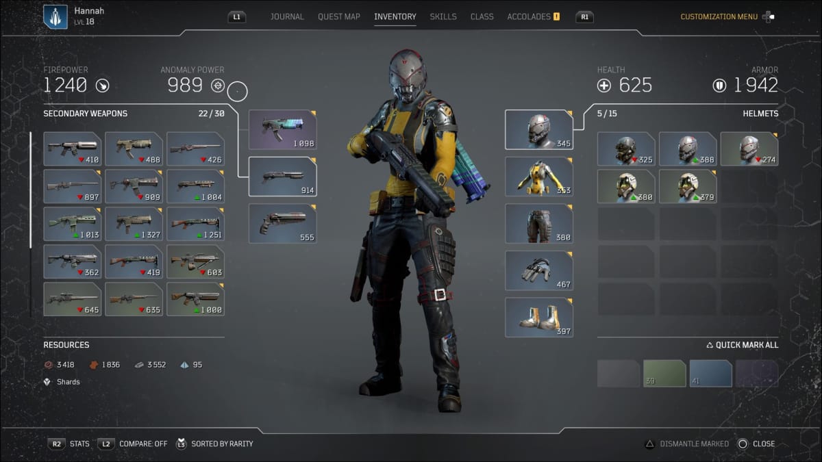 A character screen showing the Outrider's gear