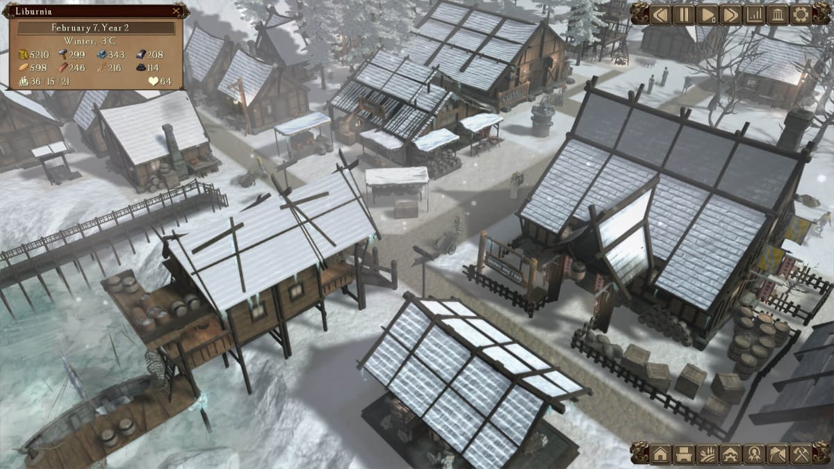 A snowy cityscape in new social city-builder Patron