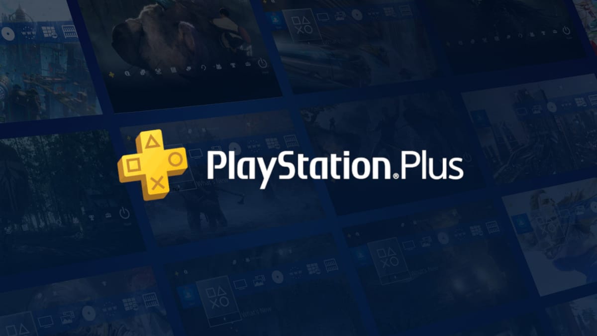 A PlayStation Plus logo set against official PlayStation wallpaper