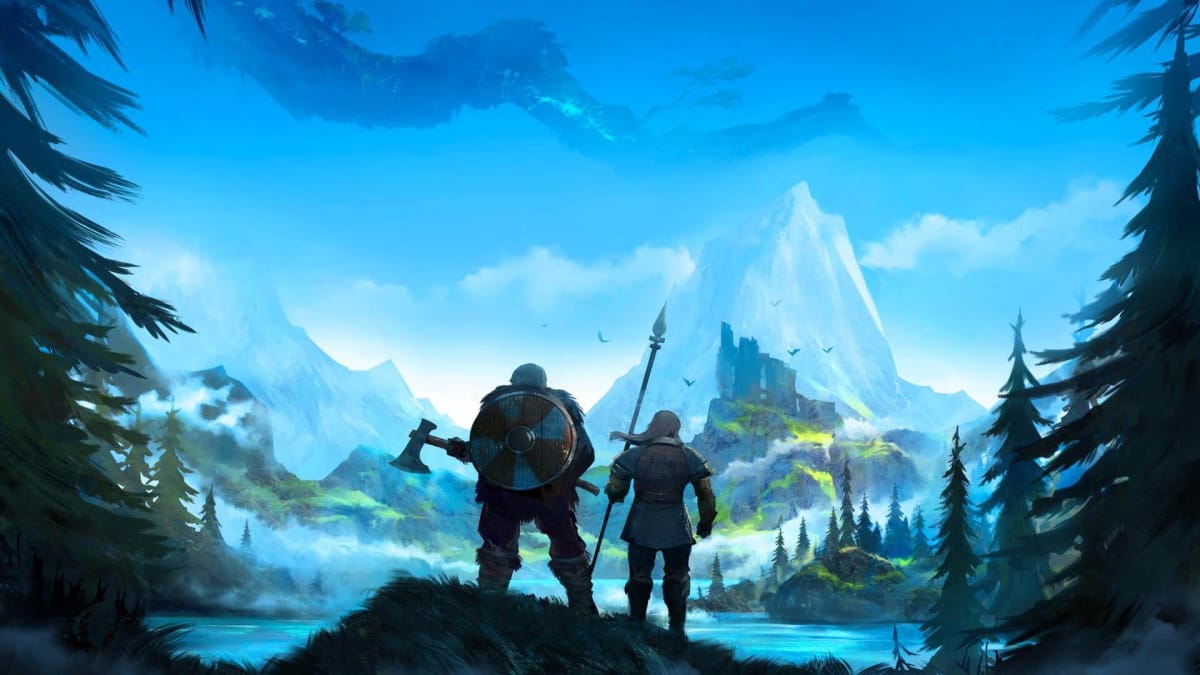 Official Valheim art featuring two Viking overlooking a vista.