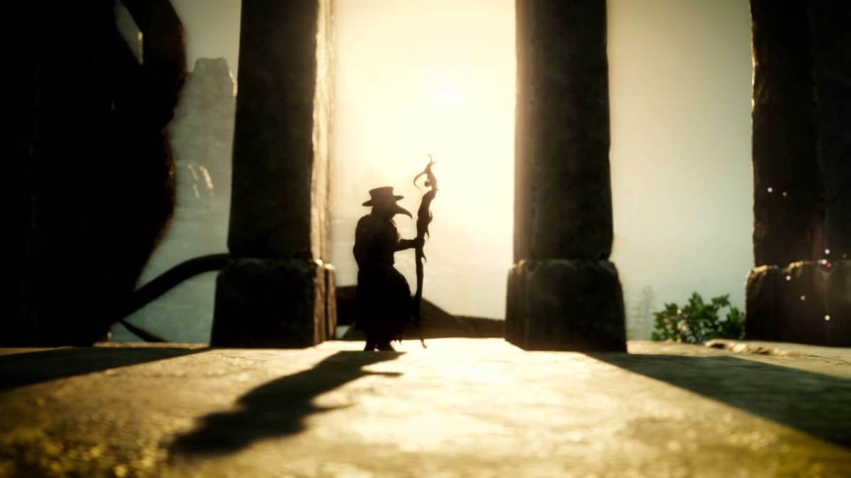 A plague doctor-type character silhouetted in the new Amazon MMO New World