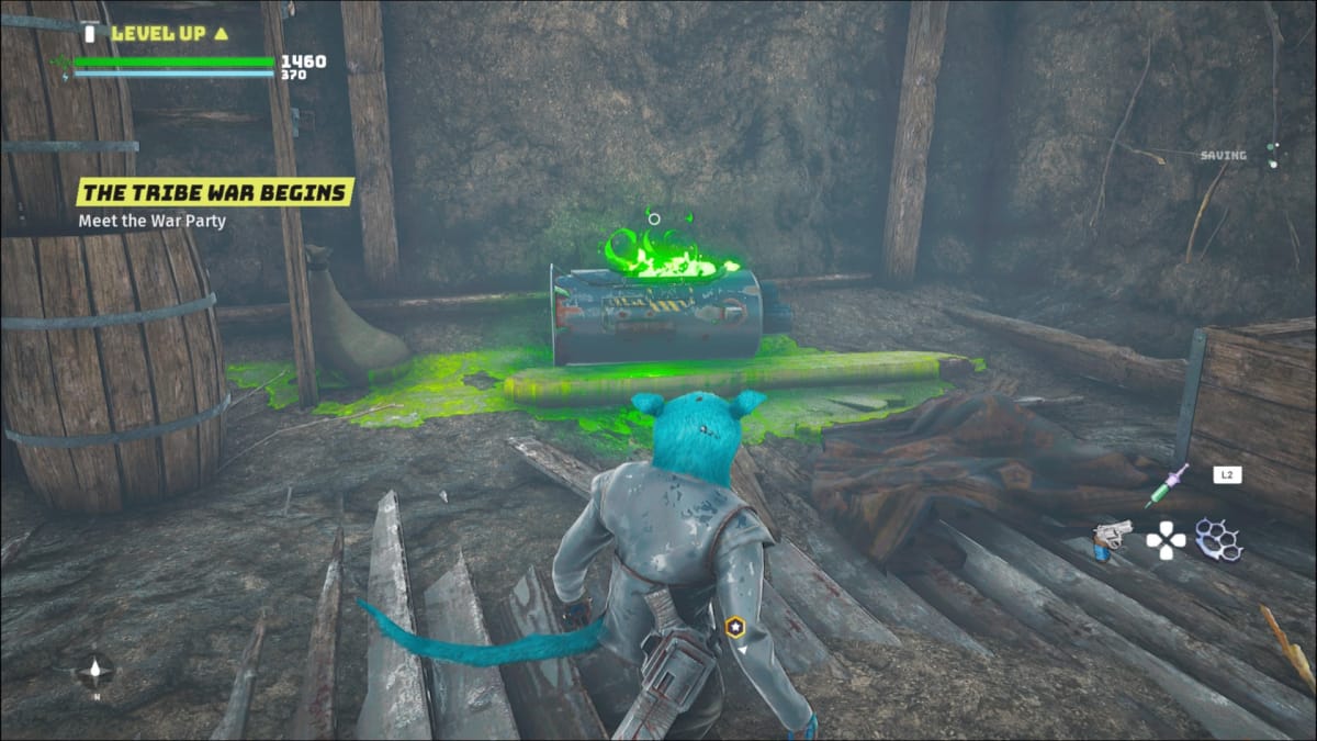 A creature staring at a container full of green glowing goo