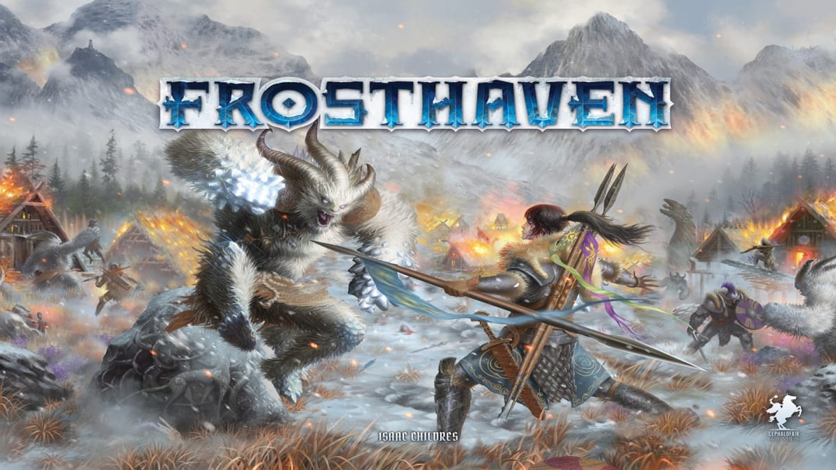 Artwork for Frosthaven showing a man fighting a frost giant