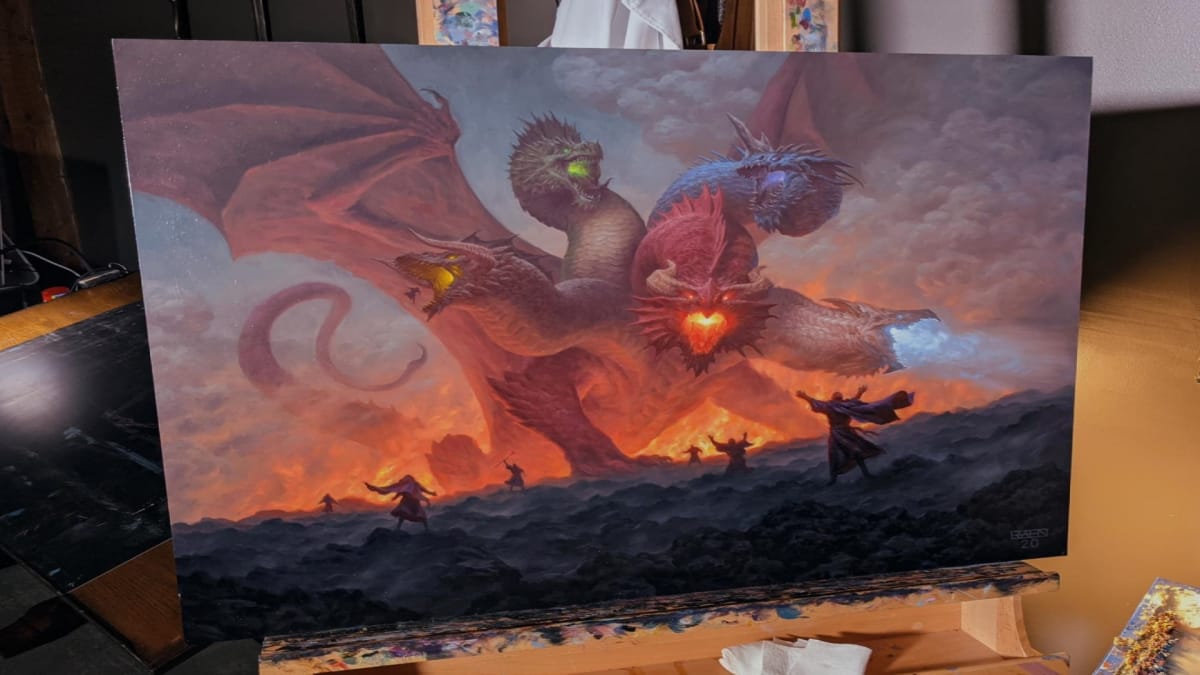 The artwork for Tiamat on masonite and propped up on a stand