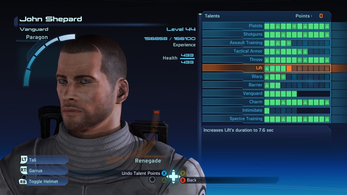 Mass Effect's squad screen showing Shepard's skill trees