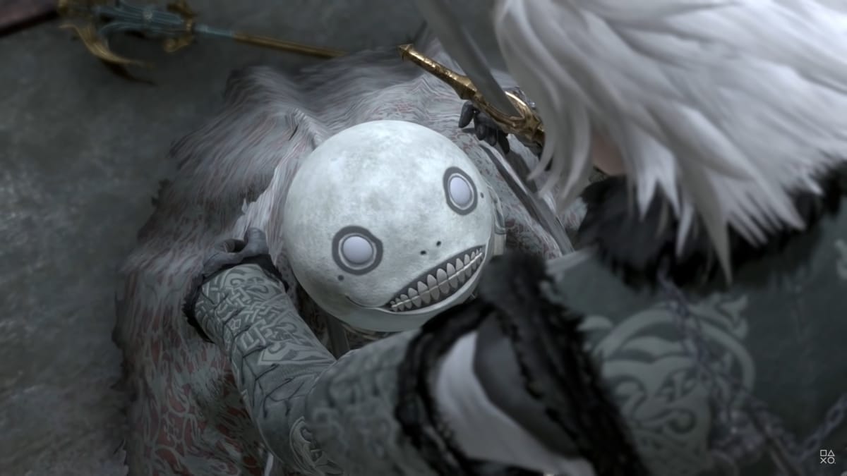 Emil, a skeletal being looking up from a kneeling position to the hero.