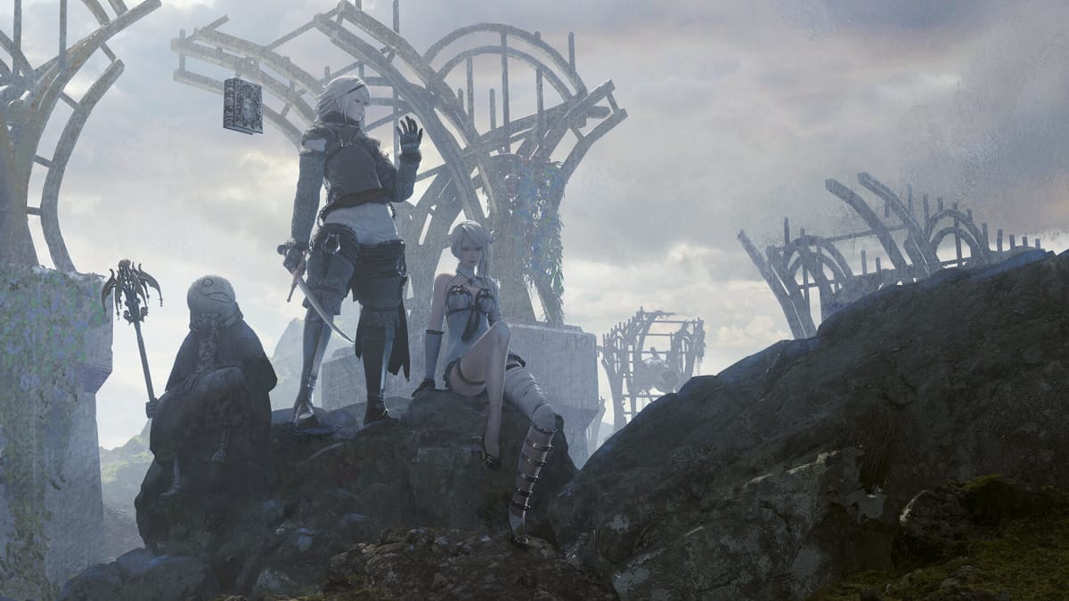 Nier, Emil, and Kaine stood on a rock.