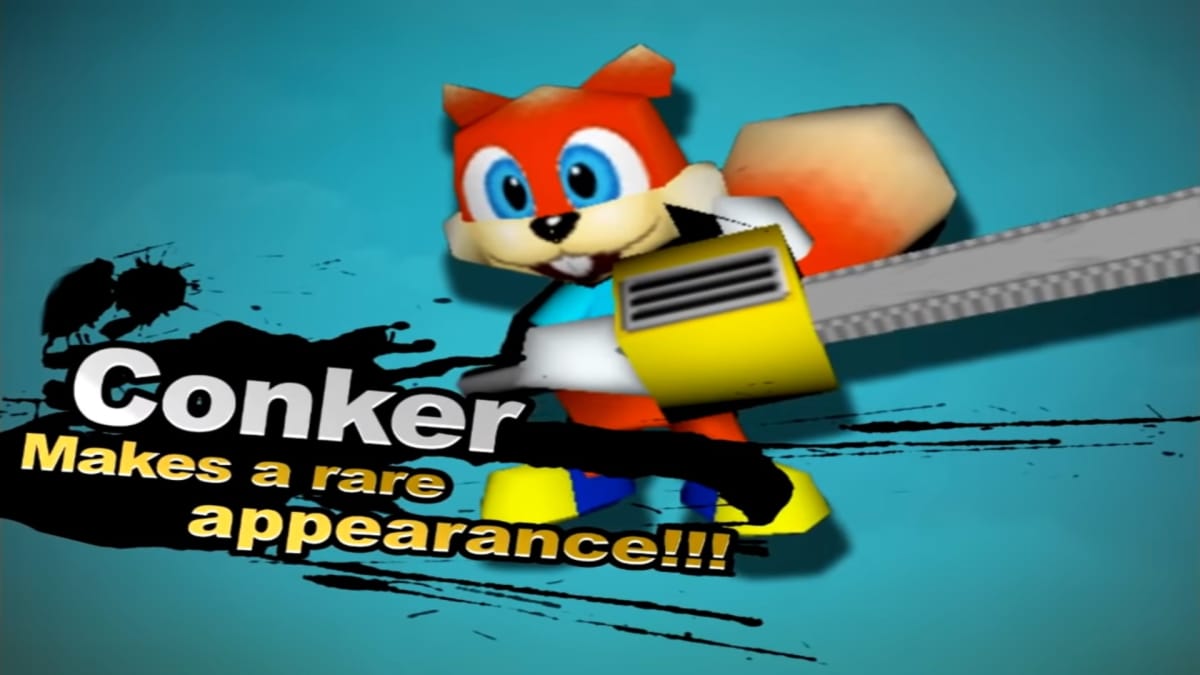 The announcement image for Conker as a new character in Smash Remix, a mod for Super Smash Bros
