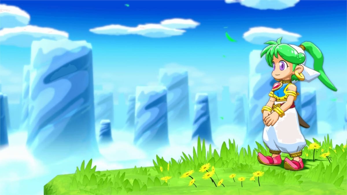 A screenshot showing Asha, protagonist of Wonder Boy: Asha in Monster World looking towards the sky