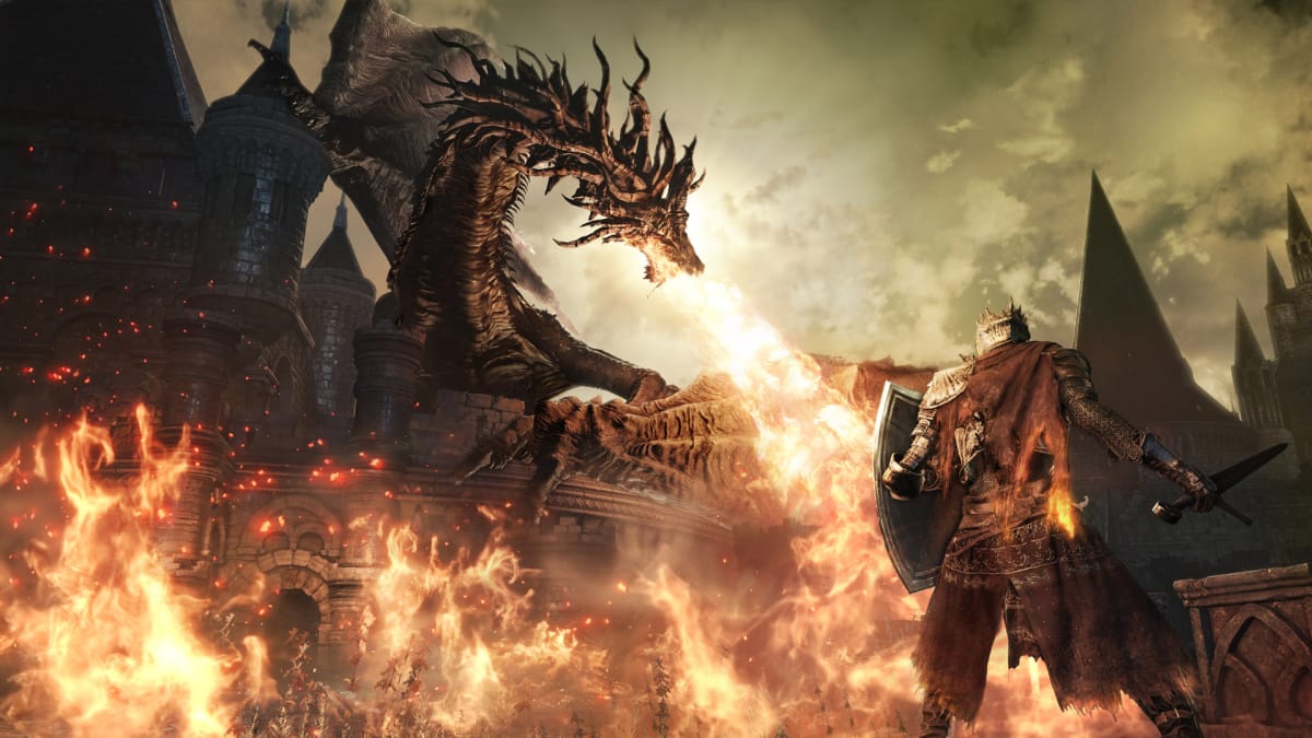 Dark Souls 3  with knight in armour fighting a dragon surrounded by flames