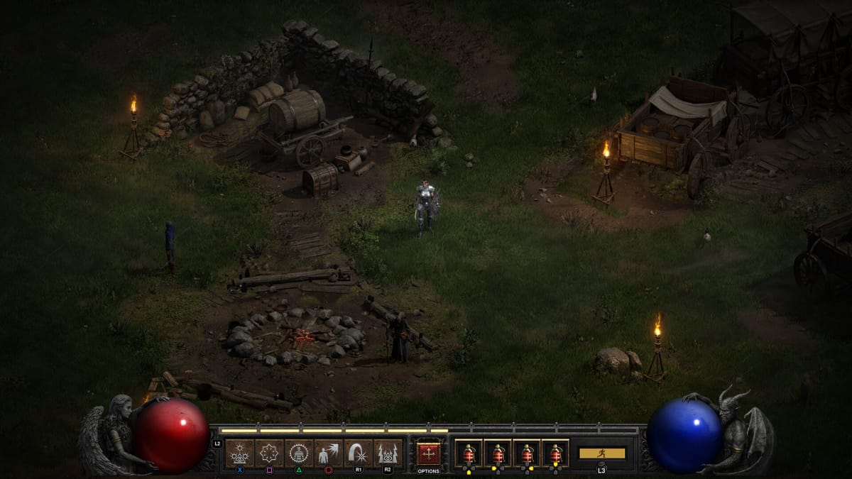 A character standing in a desolate ruin in Diablo 2: Resurrected