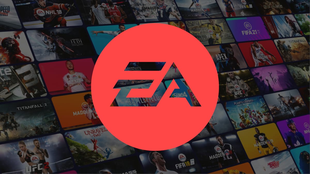 The EA logo over a backdrop of games on the EA Play service