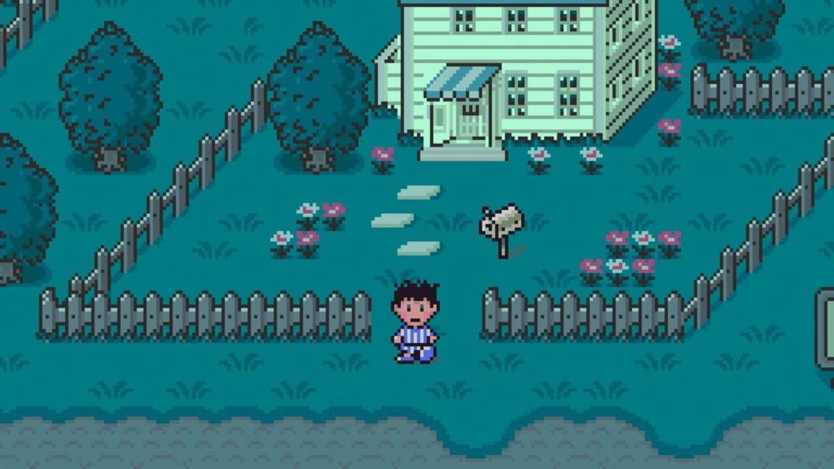 Ness standing outside his house in EarthBound.