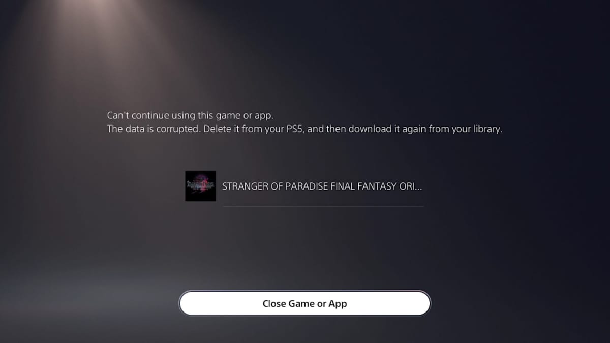 The PS5 error screen encountered when attempting to play the Final Fantasy Origin PS5 demo