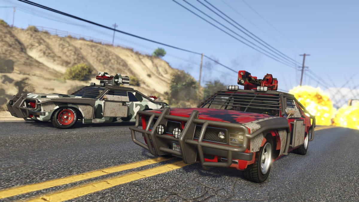 Two racers speeding away from an explosion in GTA Online