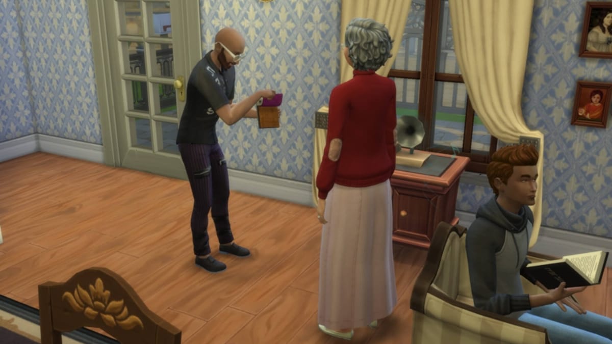A screenshot from The Sims 4 showing two Sims discussing color samples
