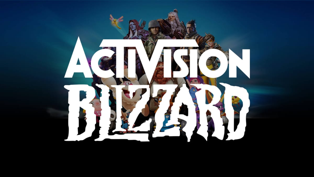 The Activision Blizzard logo against a backdrop of some of the company's iconic franchises