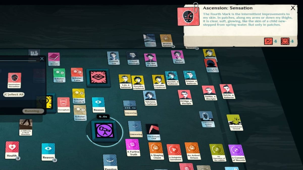 Gameplay from Cultist Simulator, the flagship game by Alexis Kennedy's company Weater Company.