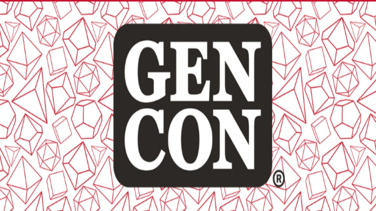 The GenCon logo in front of red images of dice