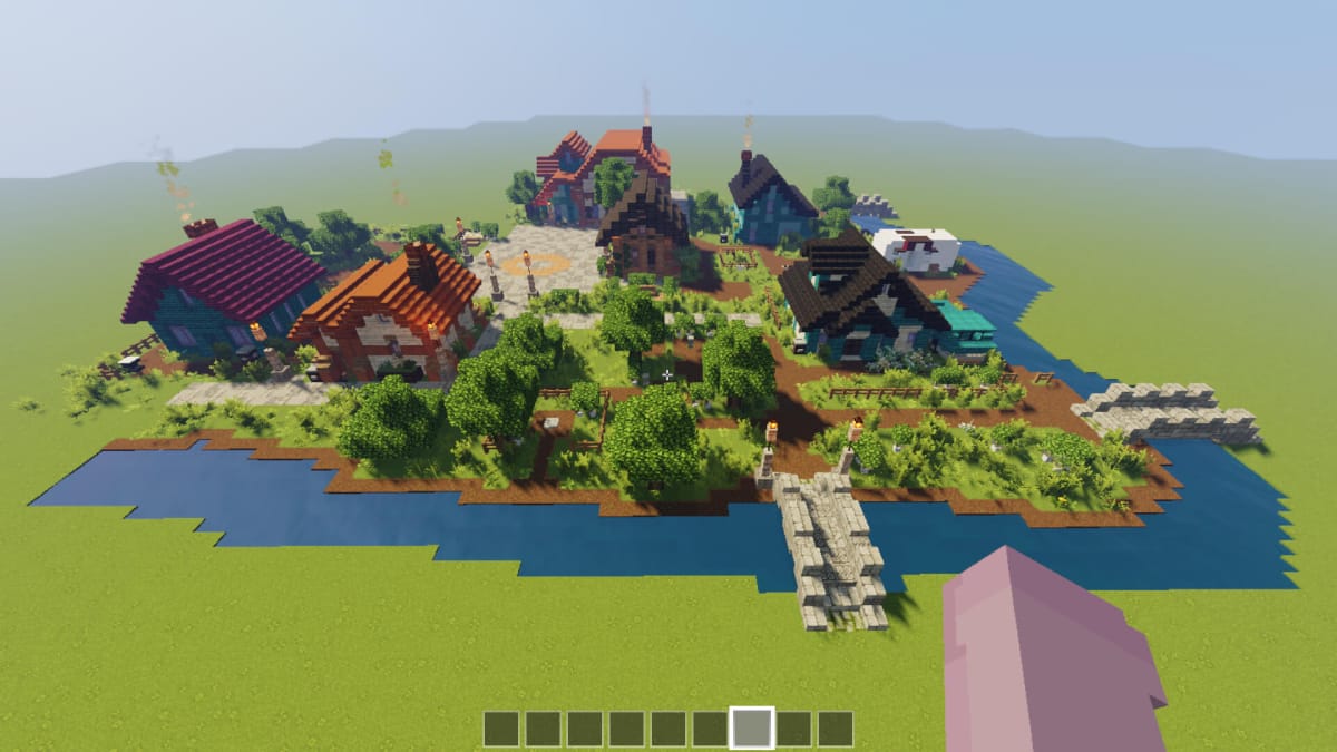 Pelican Town's Town Square som återskapas i Minecraft