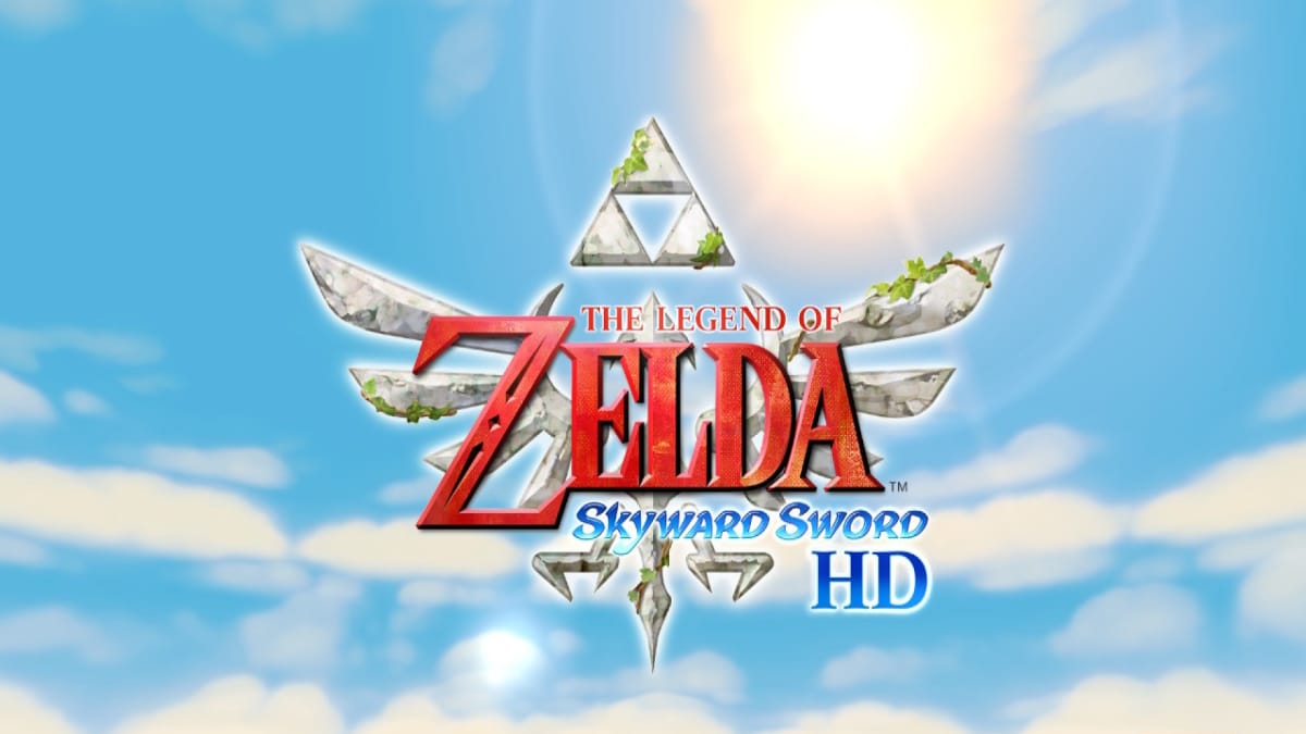 The title of Legend of Zelda Skyward Sword HD in front of a cloudy sky
