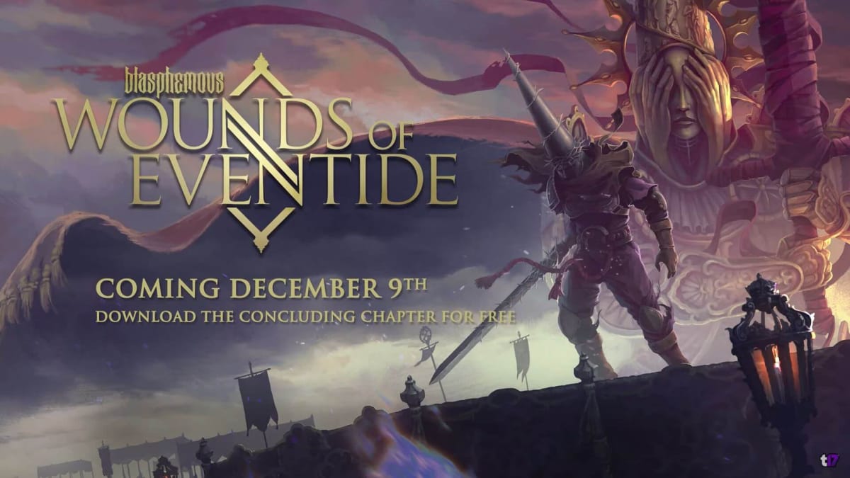 A banner image announcing the new Blasphemous free DLC Wounds of Eventide