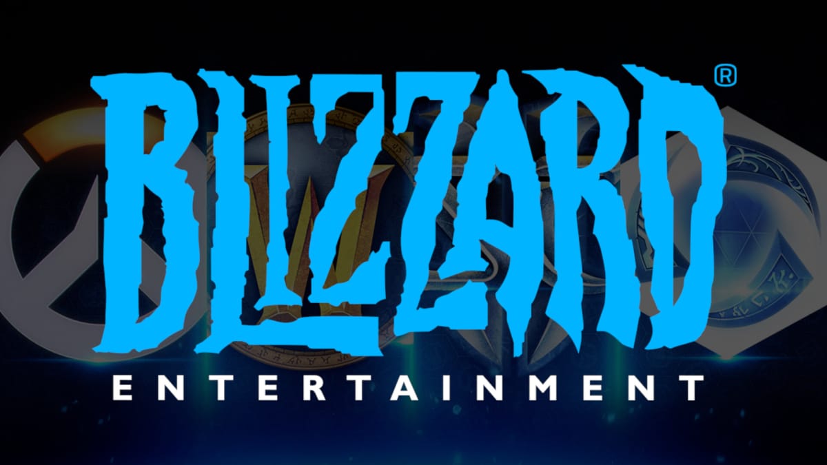 The Blizzard logo against a backdrop of some of the company's famous games