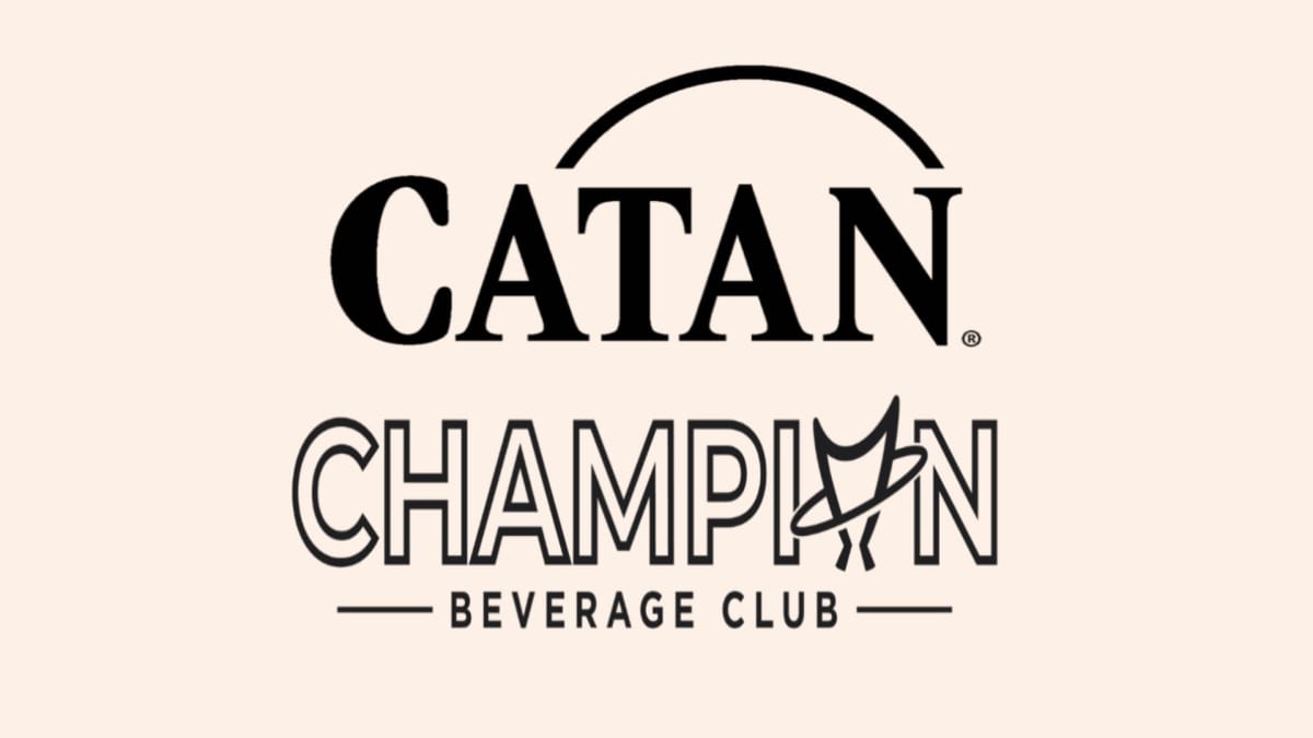 The logos of Catan Studio and Champion Beverage Club on a beige background