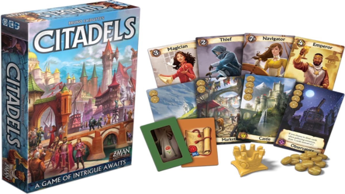 The pieces laid out from Citadels Revised Edition