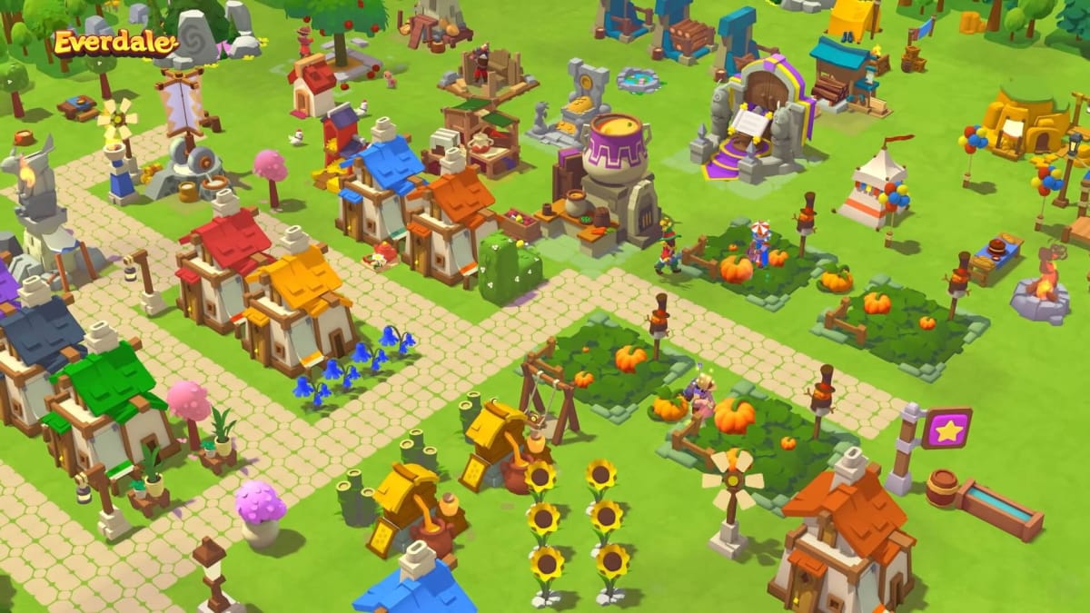 A busy village in the new Supercell game Everdale