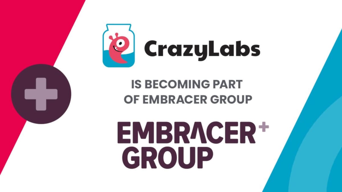 A banner image announcing the Embracer Group acquisition of CrazyLabs