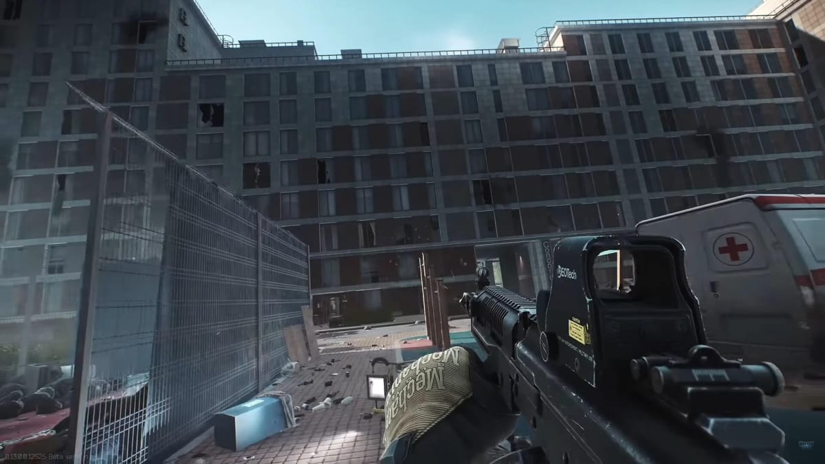 A player firing at a building in Escape from Tarkov