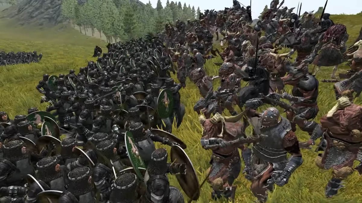 Two armies clashing in the trailer for the Mount and Blade II Wheel of Time mod.