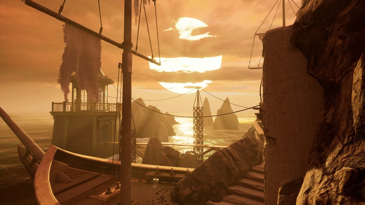A beautiful sunset scene in the Myst remake
