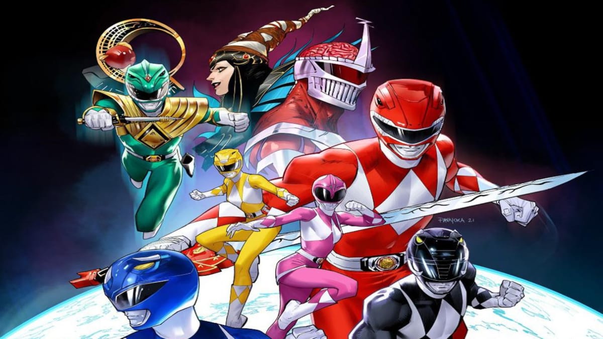 The team of Power Rangers with the villains in profile behind them