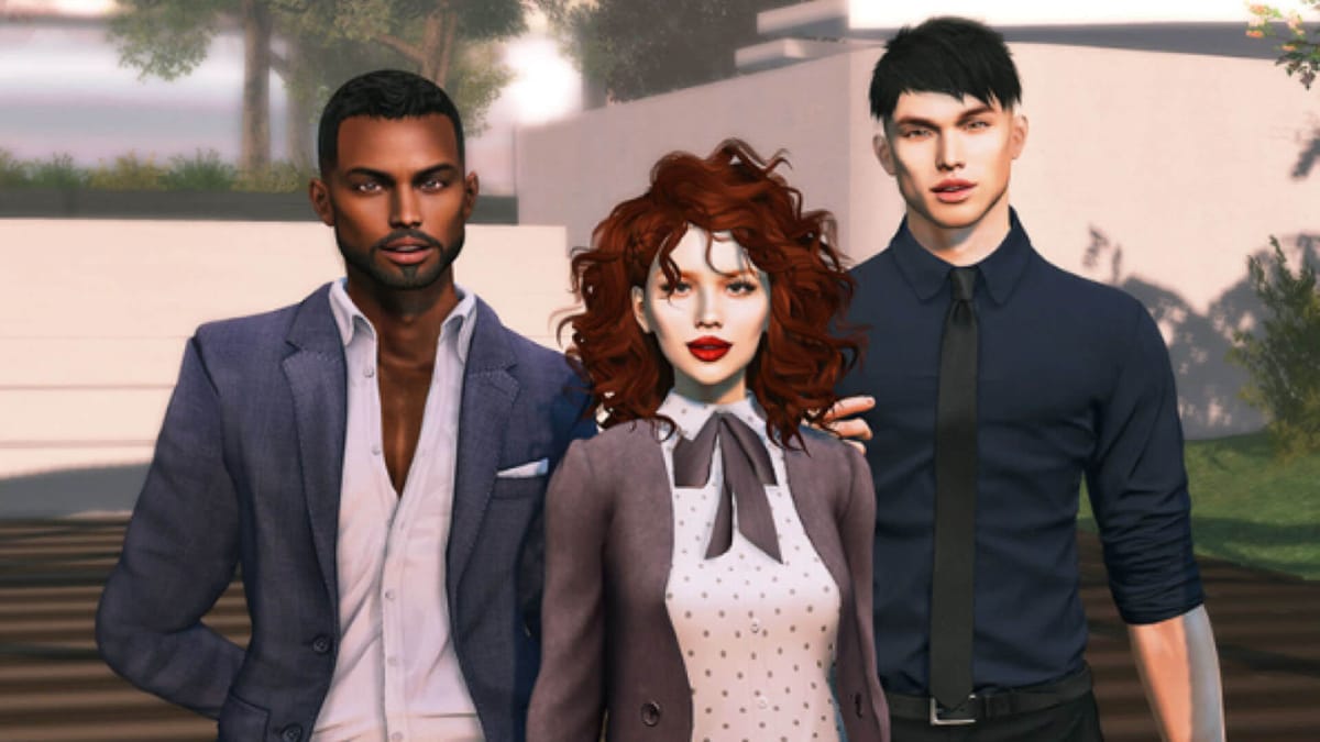 Three Second Life avatars staring intensely into your soul