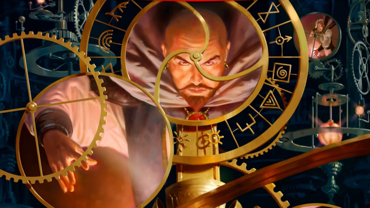 Archmage of Dungeons and Dragons, Mordenkainen, casting magic through clockwork cogs.