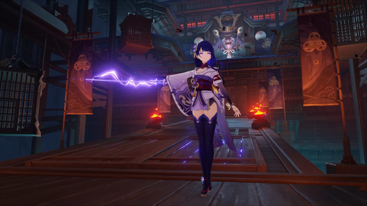 The Raiden Shogun wielding her electric weapon in Genshin Impact