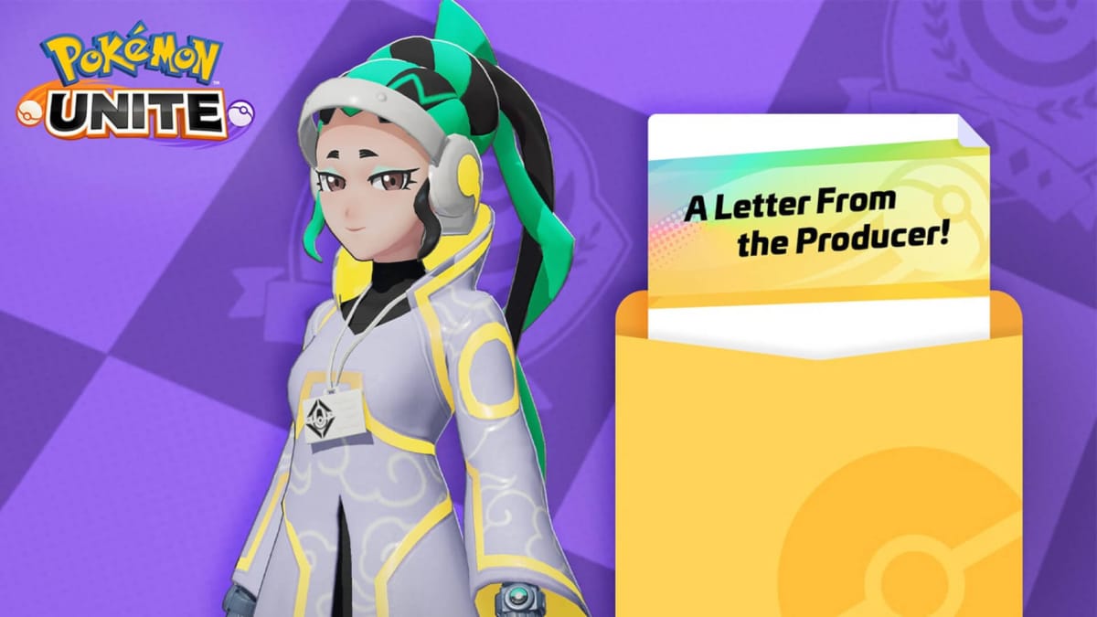 Professor Phorus appearing alongside a "Letter from the Producer" Pokemon Unite banner