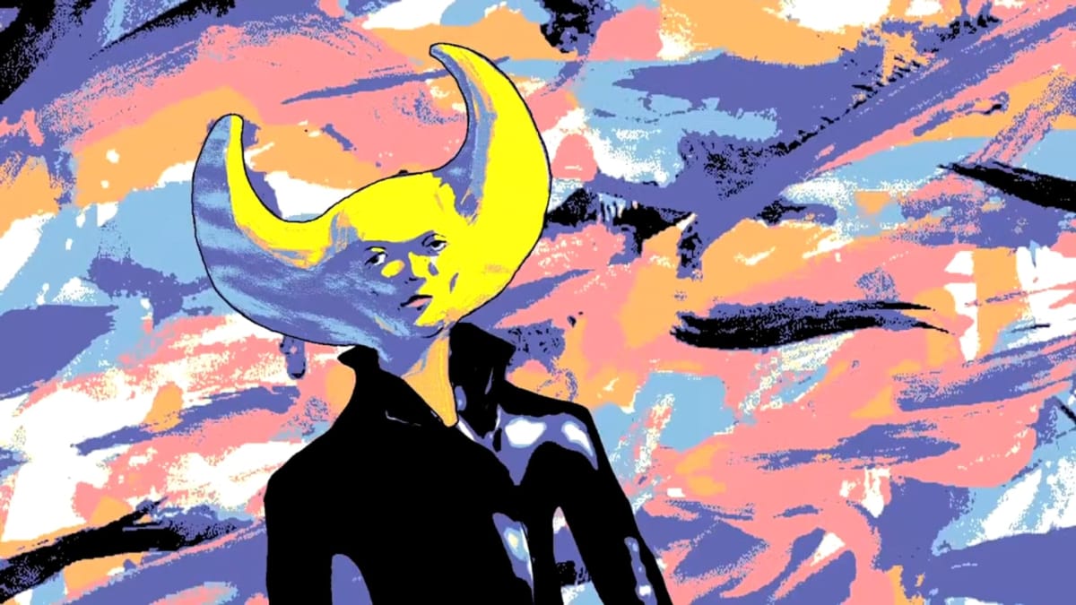 A yellow man with a crescent moon shaped head, posed in front of a psychedelic backgroud