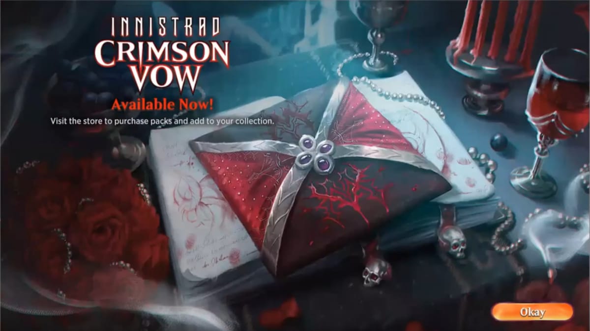 A bloody wedding invitation shown promoting Crimson Vow on Magic Arena