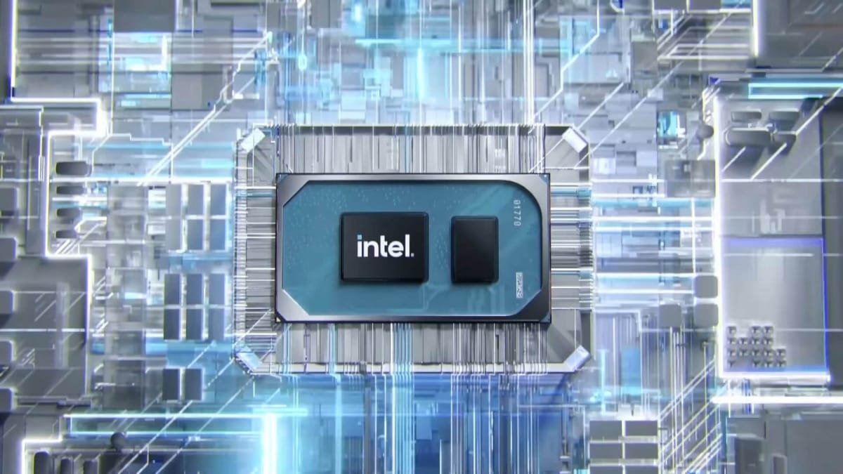 An Intel chip against a background of circuitry