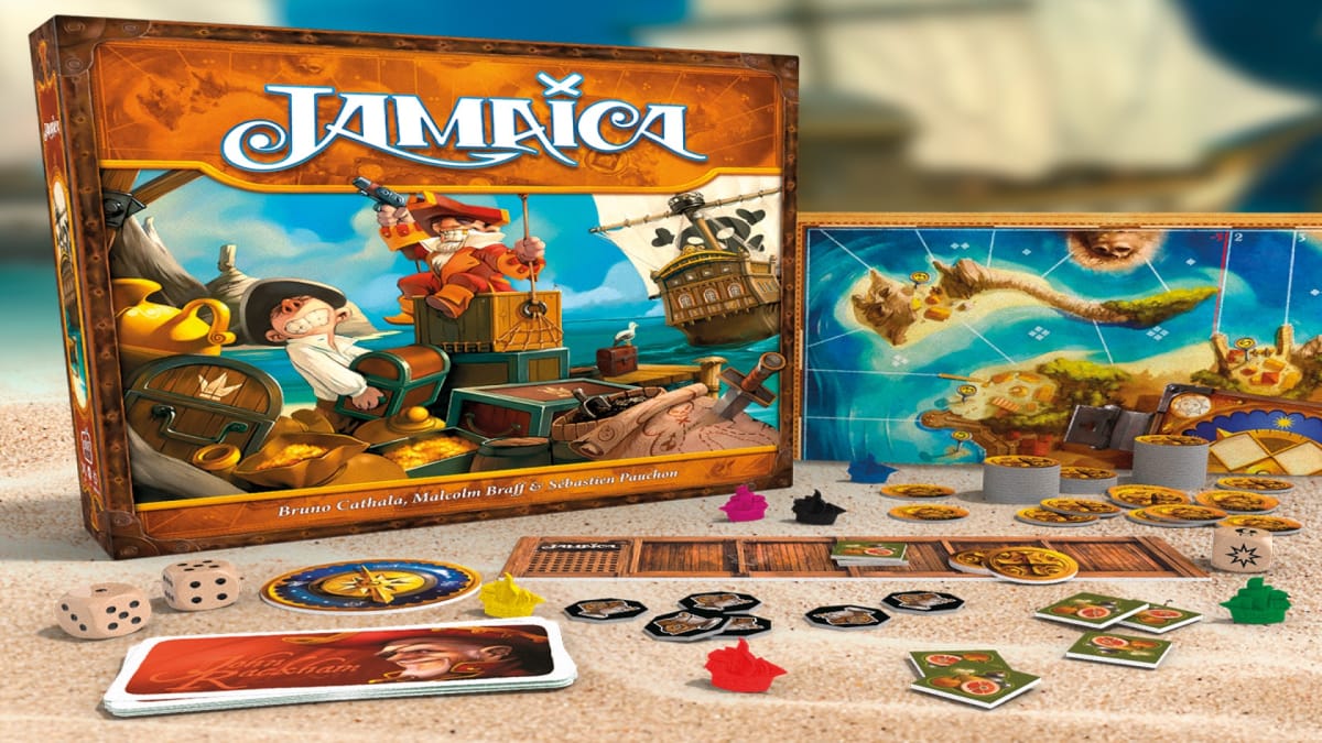 The box art and game pieces for the newest edition of Jamaica