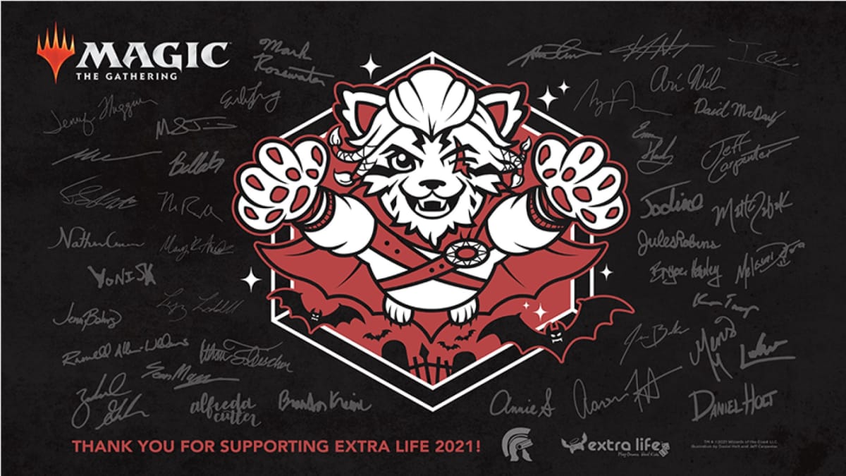 The Extra Life 2021 logo with the signatures of from those working at Wizards of the Coast surrounding it