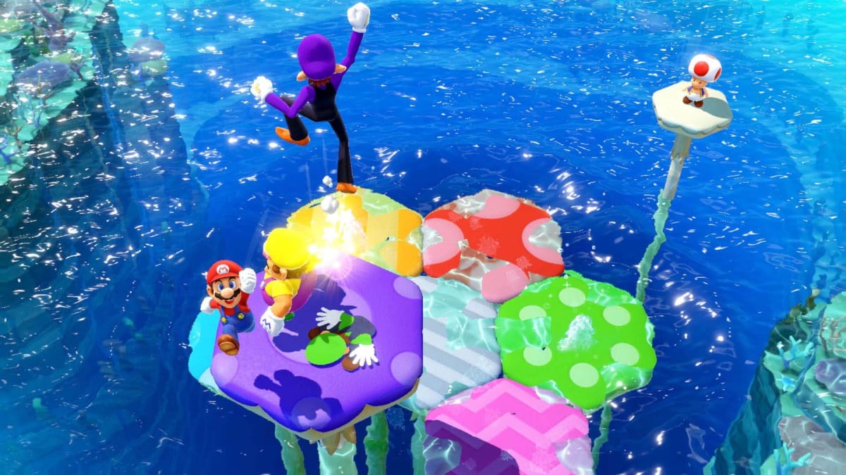 Mario, Wario, Waluigi, and Luigi competing in a minigame in Mario Party Superstars